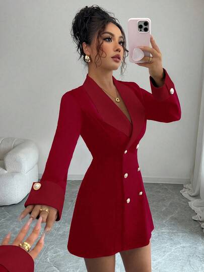  Selianne Minimalist High-End Red Long Sleeve Open Front Double-Breasted Short Dress, Suitable For Formal Dinners, Sisters' Gatherings, Evening Dates Red Blazer Dress Blazer Dress For Women Suit Dress,Elegant Red Christmas Dress,Christmas Party Dress ,New Year Dress,Thanksgiving Outfit For Women Blazer Dresses For Women