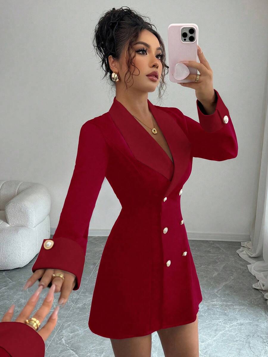 Selianne Váy ngắn dệt kim đen trắng tương phản tối giản cao cấp dài tay hở trước, cài hai hàng khuy, thích hợp cho bữa tối trang trọng, họp mặt chị em, hẹn hò buổi tối - Đỏ - Xem 1