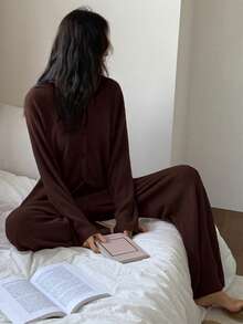 DAZY 女士休闲条纹抓绒上衣和裤子两件套舒适睡衣套装，秋冬季 - 棕色 - 查看 3