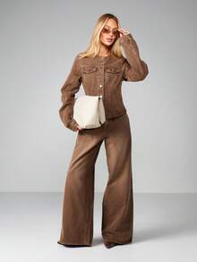 MISSGUIDED Curved Sleeve Collarless Peplum Hem Denim Jacket Button Front Fitted Outerwear Fall Winter Fashion - Coffee Brown - View 3