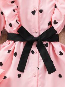 SHEIN Tween Girl Heart Print Ruffle Cuff Long Sleeve Blouse With Sash Belt And Legging Set, Autumn - Pink - View 4