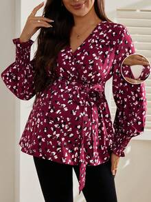 SHEIN Women's Floral Print V-Neck Tie Front Maternity Nursing Blouse, Autumn - Burgundy - View 1