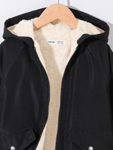 SHEIN 青少年女孩寬鬆休閒極簡舒適連帽毛絨內裡中長版外套，大口袋設計，青少年女孩大衣，風衣 - 米色 - 查看 4