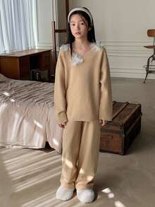 Dazy Kids Tween Girls Floral Waistband Sweater Set - Apricot - View 3