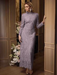 MOTF PREMIUM WOMEN'S ELEGANT HIGH NECK CINCHED WAIST LONG MESH SEQUIN EMBROIDERED DRESS - Purple - View 6