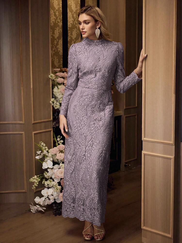 WOMEN'S ELEGANT HIGH NECK CINCHED WAIST LONG MESH SEQUIN EMBROIDERED DRESS