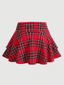 SHEIN 青少年女孩休闲格子交叉腰 A 字裙 - 紅色 - 查看 2