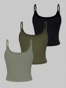 Zolique Solid Color Spaghetti Strap V-Neck Ribbed Cropped Button Camisole, Multi-Color Set 3 Packs Tops Ribbed Tops Curvy Tops Tight Tops - Multicolor - View 2