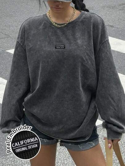 SHEIN EZwear 休闲简约大码女式黑色针织混色印花大码 T 恤，复古加州刺绣