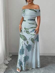 Modelyn 大码女式网眼印花露肩荷叶边连衣裙，优雅派对装 - 藍色 - 查看 6