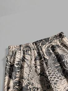 ROMWE Grunge Punk 加大码中国水墨鱼印花宽松阔腿裤 - 卡其色 - 查看 4