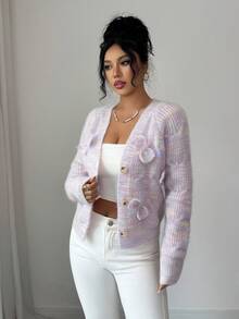 SHEIN Elenzya 蝴蝶结设计可爱小众柔软针织开衫，女士独特毛衣外套 - 淡紫色 - 查看 8