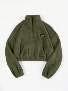 SHEIN EZwear Letter Patched Detail Kangaroo Pocket Drop Shoulder Teddy Sweatshirt,Long Sleeve Tops In Fall/Winter Cropped Sweater Zip Up Sweater Crop Jacket Cropped Hoodies,Fall,Fall Clothes For Women