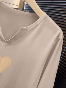 EMERY ROSE Women's Casual Fashion Heart Pattern V-Neck 3/4 Sleeve T-Shirt, Simple Blouse - Khaki - View 4