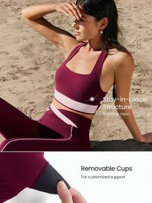 GLOWMODE FeatherFit™ Stretch Glow And Flow Sweat-Wicking Crossover Back Two-Tone Removable Cups Fitted Band Longline Sports Bra Low Impact Yoga Pilates Studio Daily Active Wear - Red Plum - View 2