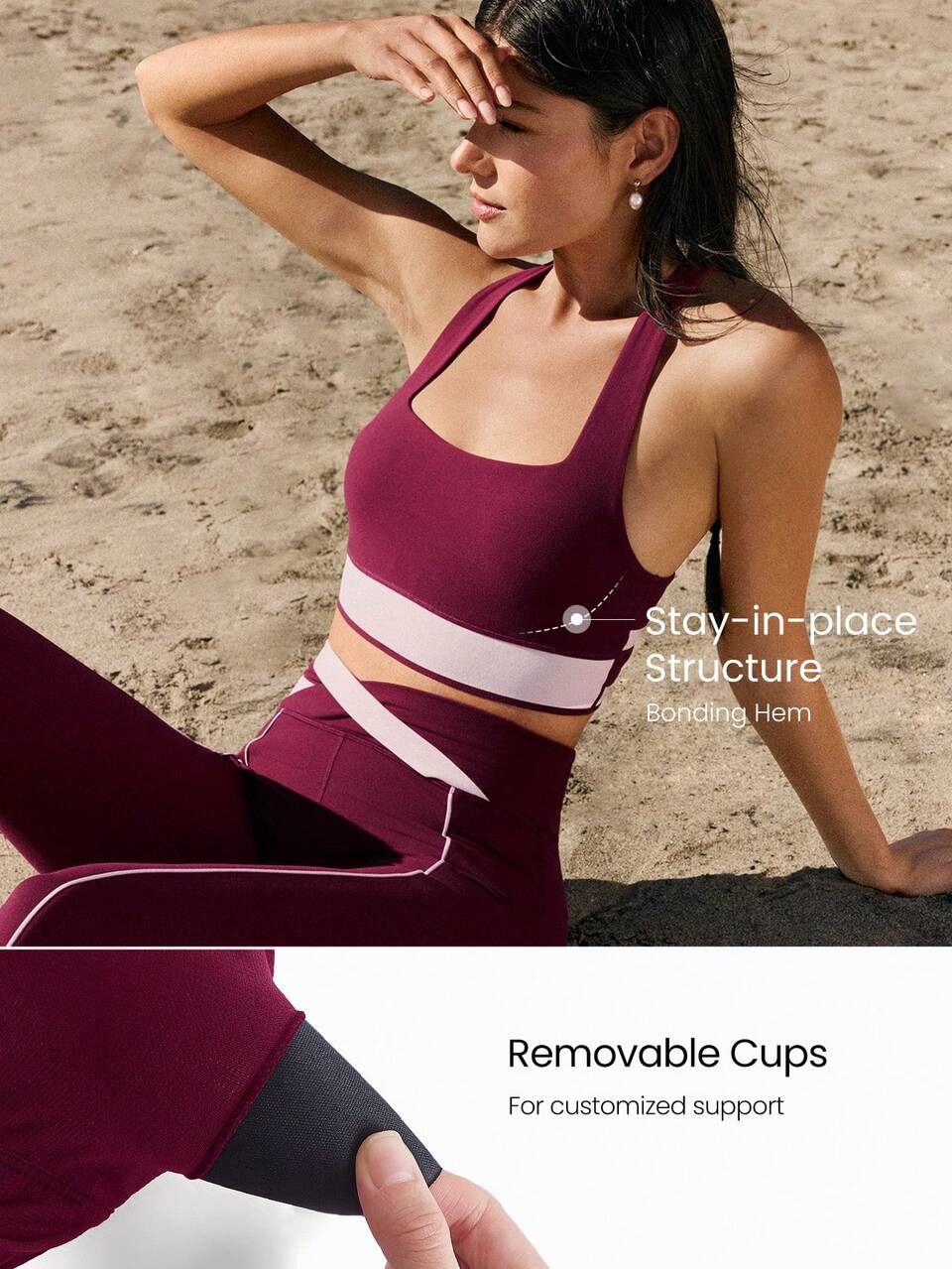 FeatherFit™ Stretch Glow And Flow Sweat-Wicking Crossover Back Two-Tone Removable Cups Fitted Band Longline Sports Bra Yoga Pilates