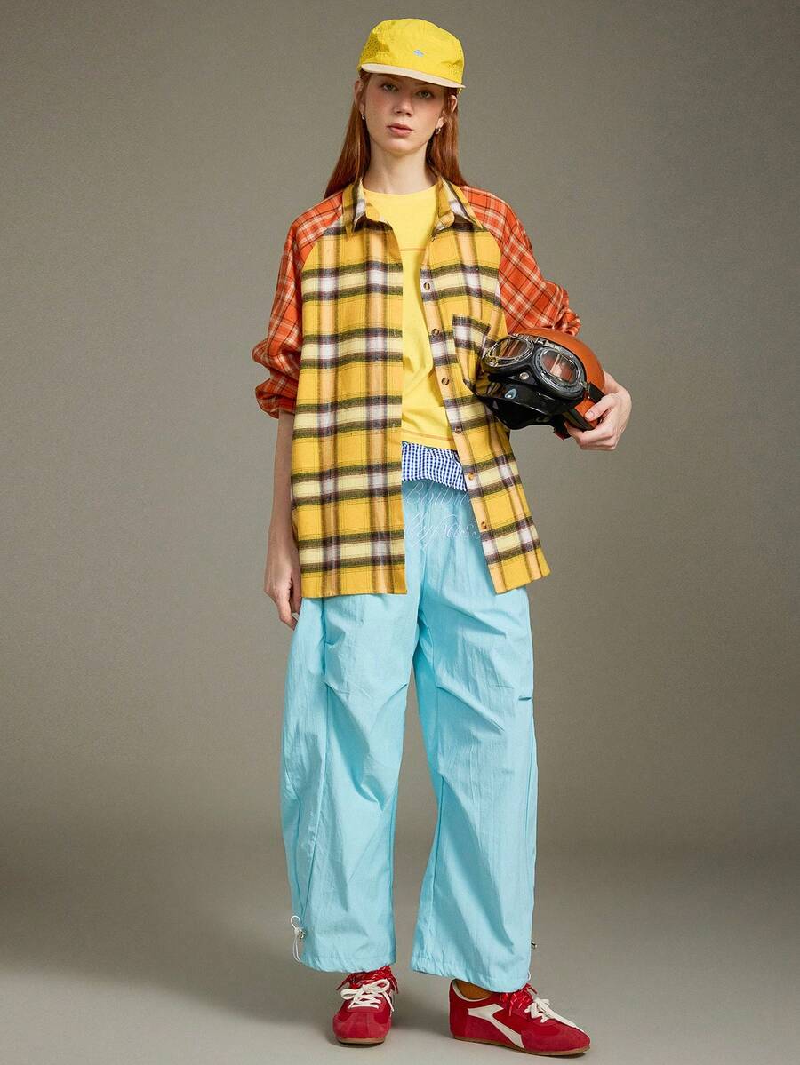 Elnivra Camisa de mujer de manga larga a cuadros tejida con bolsillos, estilo deportivo casual retro americano, versátil para volver a la escuela, otoño - Amarillo - Ver 1