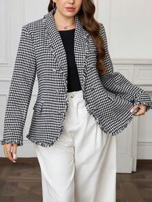 SHEIN Clasi 大码千鸟格西装外套，秋季通勤时尚单品 - 黑與白 - 查看 4