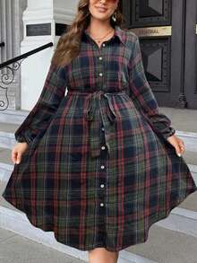 SHEIN LUNE 大码休闲格子 Polo 领纽扣前系腰长袖连衣裙，适合圣诞节和秋冬季长款女装 - 寶藍色 - 查看 6