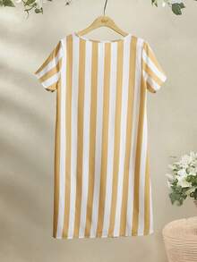 EMERY ROSE Women Casual Striped Round Neck Short Sleeve Pockets Mini Dress - Multicolor - View 2