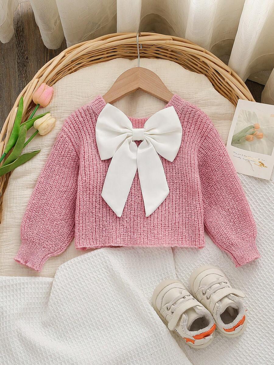 SHEIN LMoss Kids LMoss Baby Girl Color-Block Big Bow Crew Neck Form-Fitting Casual Sweater , Spring Fall - Pink - View 1