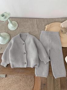 SHEIN LMoss Kids LMoss 女婴两件套开衫和阔腿裤针织装，适合秋冬季户外休闲场合 - 灰色 - 查看 6