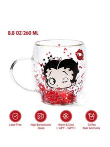 Betty Boop x SHEIN 1Pc 8.8oz/260ml 卡通图案高硼硅双层玻璃杯咖啡杯耐冷耐热适用于牛奶、果汁、咖啡、苏打水等俏皮唇印闪亮 - 無色 - 查看 3