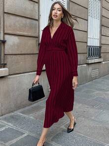 Pariaura Váy sơ mi dài họa tiết sọc đơn hàng khuy đơn dành cho nữ, mùa xuân/thu - Màu Đỏ Sâu - Xem 6