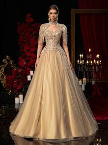 Glamrae Petite Đầm dạ hội trễ vai trang trọng dành cho nữ (được trang trí cầu kỳ) - Màu Khaki - Xem 2