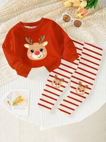 SHEIN Playful Pals 1 套女婴休闲秋季服装，圣诞节可爱驯鹿和雪花印花长袖圆领运动衫和紧身裤套装，适合秋冬外出和圣诞派对 - 彩色 - 查看 5
