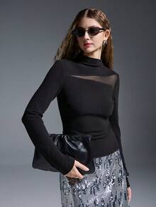 INAWLY Women's Solid Color Stand Collar Long Sleeve Mesh Patchwork Fitted Fashion T-Shirt - Black - View 3