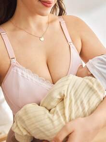 Moonlight&Mama Áo ngực cho con bú ren chắp vá cỡ lớn thoải mái, tối giản, lãng mạn theo phong cách Pháp dành cho phụ nữ mang thai và sau sinh - Hồng - Xem 7
