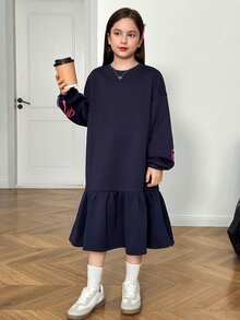 青少年女孩黑色拼布标语字母印花落肩抽绳腰长款连帽连衣裙 - 黑色 - 查看 5