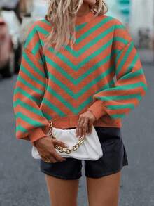 SHEIN LUNE Women's Casual Colorblock Striped Sweater, Autumn/Winter - Orange Ignite - View 6