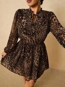 Travachic 大码女式雪纺豹纹长袖连衣裙，V 领系腰 A 字短裙，秋冬分层连衣裙 - 卡其色 - 查看 5