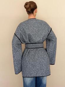 Islaluna Damen modischer & eleganter, locker geschnittener Mantel mit Kontrastbesatz und Doppeltaschen, Herbst