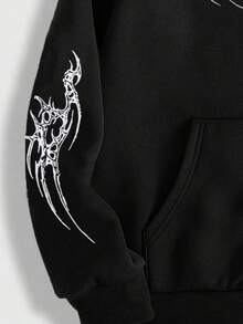 ROMWE MEN Goth Men's Zipper Closure Drawstring Hooded Long Sleeve Sweatshirt, School, For Fall Winter - Black - View 4