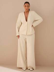 SHEIN BAE 大码纯色深V领长袖上衣和裤子套装 - 黃色 - 查看 6