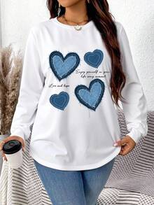 EMERY ROSE Casual Blue Heart Print Plus Size Curved Hem White Thermal Lined Loose Sweatshirt, Suitable For  Women Long Sleeve Tops Graphic,Spring - White - View 2