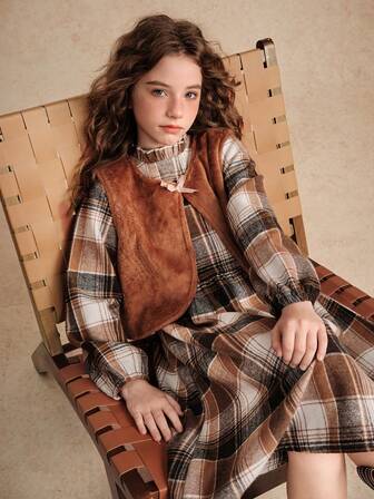 Tween Girl Plaid Ruffle Collar Lantern Sleeve Dress, Fuzzy Vest Jacket And Hat 3-Piece Set