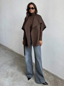 Aloruh Abrigo capa de cuello redondo de unicolor para mujer, abrigo marrón, chaleco, chaqueta sin mangas de color chocolate, estilo "Old Money", elegante para mujer, abrigo de negocios casuales, chaqueta de oficina, abrigo de invierno chic para mujer, moda para otoño/invierno - Café integral - Ver 7
