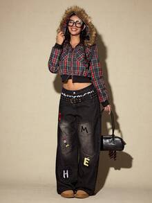 ROMWE Avant 女式复古学院风格子羊毛拼布连帽加厚外套，返校季 - 彩色 - 查看 6