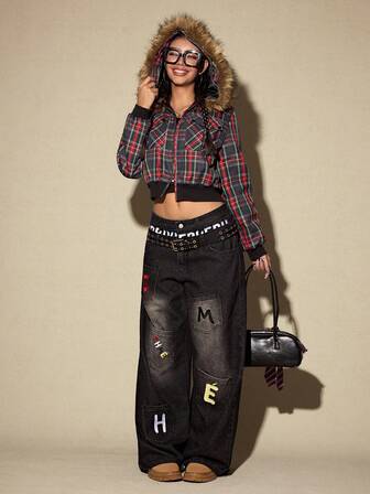 ROMWE Avant Women's Retro College Style Plaid Padded Fleece Patchwork Hooded Padded Coat, Back To School Season