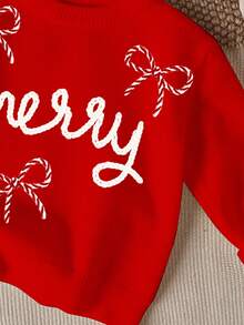 SHEIN 圣诞快乐少女休闲可爱圣诞手绘英文“Merry”，蝴蝶结装饰，圣诞红，圆领舒适长袖毛衣适合秋冬，早秋毛衣，针织毛衣，轻松针织造型，秋冬针织时尚，秋冬休闲牛仔，红色毛衣，圣诞毛衣 - 紅色 - 查看 6