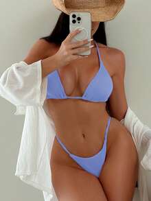 SHEIN Swim 2026 Spring/Summer Women's Vacation Special Fabric Spaghetti Strap Halter Blue Sexy Thong Bikini Two Pieces Swimsuit - Blue - View 7