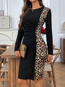SHEIN LUNE 女式时尚通勤豹纹拼布修身中长连衣裙 - 黑色 - 查看 4