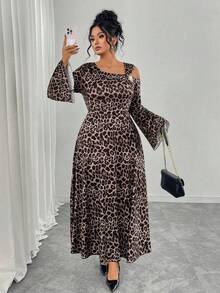 SHEIN Elenzya Plus Size Women Classic Leopard Print Asymmetric Shoulder Flare Sleeve Ruffle Decor Fitted Maxi Elegant Party Dress - Brown - View 5