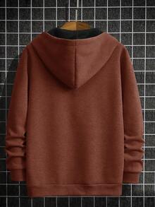 Manfinity Homme 男士休闲日常通勤字母印花半拉链前袋连帽卫衣，春秋季棕色连帽衫，休闲套头衫，长袖上衣 - 咖啡棕 - 查看 2