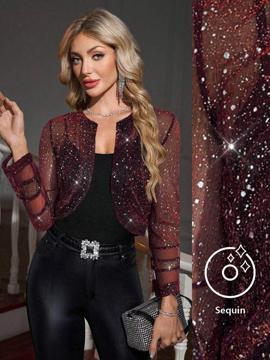 SHEIN Clasi 女式亮片网眼长袖前开短款轻便夹克 - 酒紅色 - 查看 1