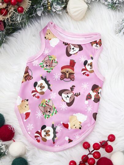 PETSIN 1pc Christmas Clown Dog Snowflake Letter Printed Tank Top Pink Christmas Skin Friendly Breathable Pet Clothes
